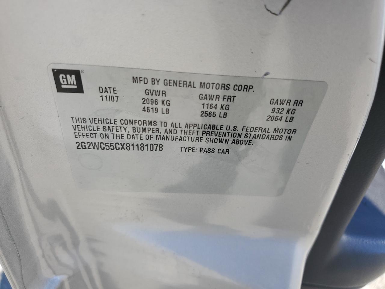 2008 Pontiac Grand Prix Gxp VIN: 2G2WC55CX81181078 Lot: 64135705