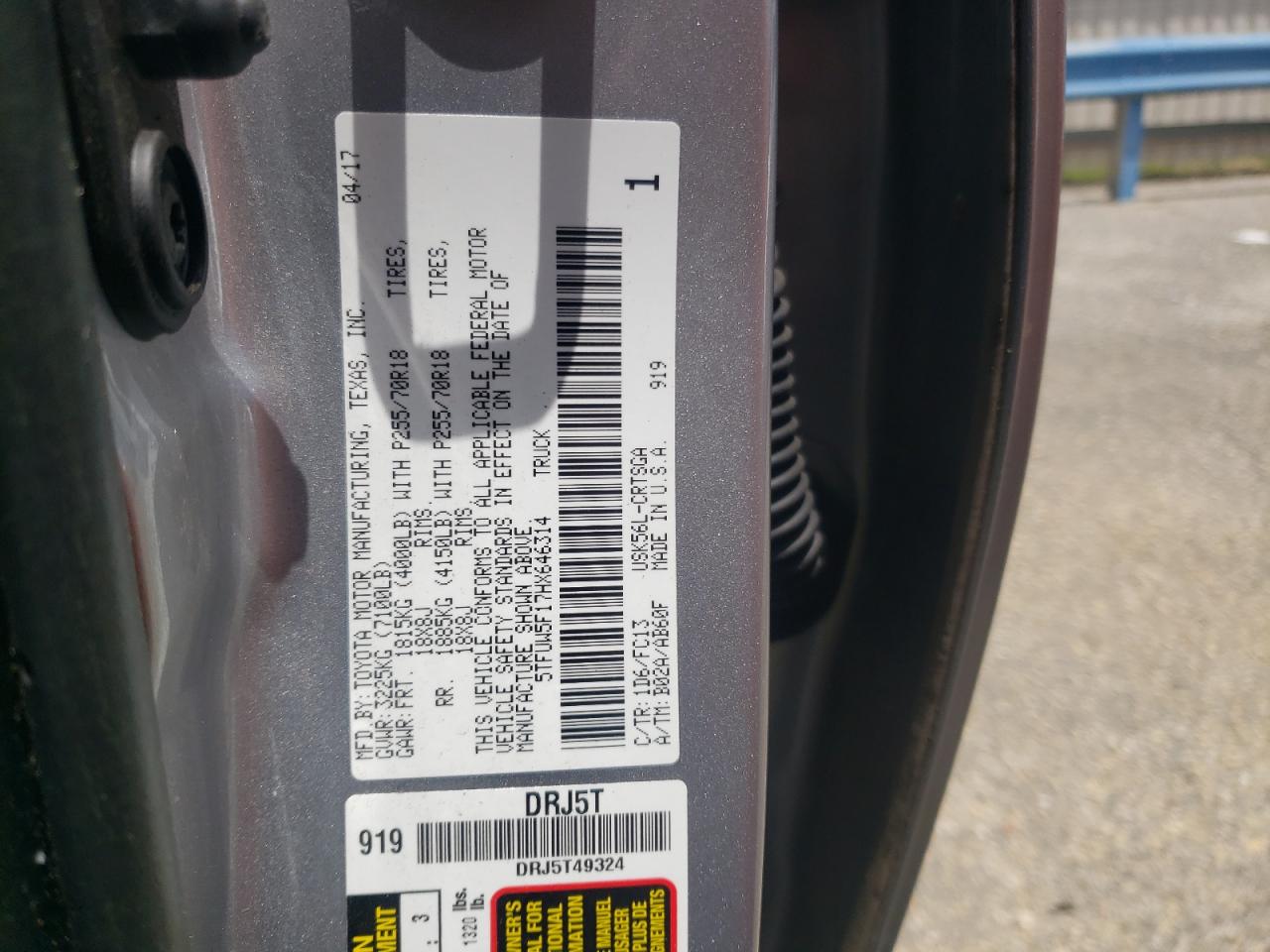 2017 Toyota Tundra Double Cab Sr VIN: 5TFUW5F17HX646314 Lot: 64287335