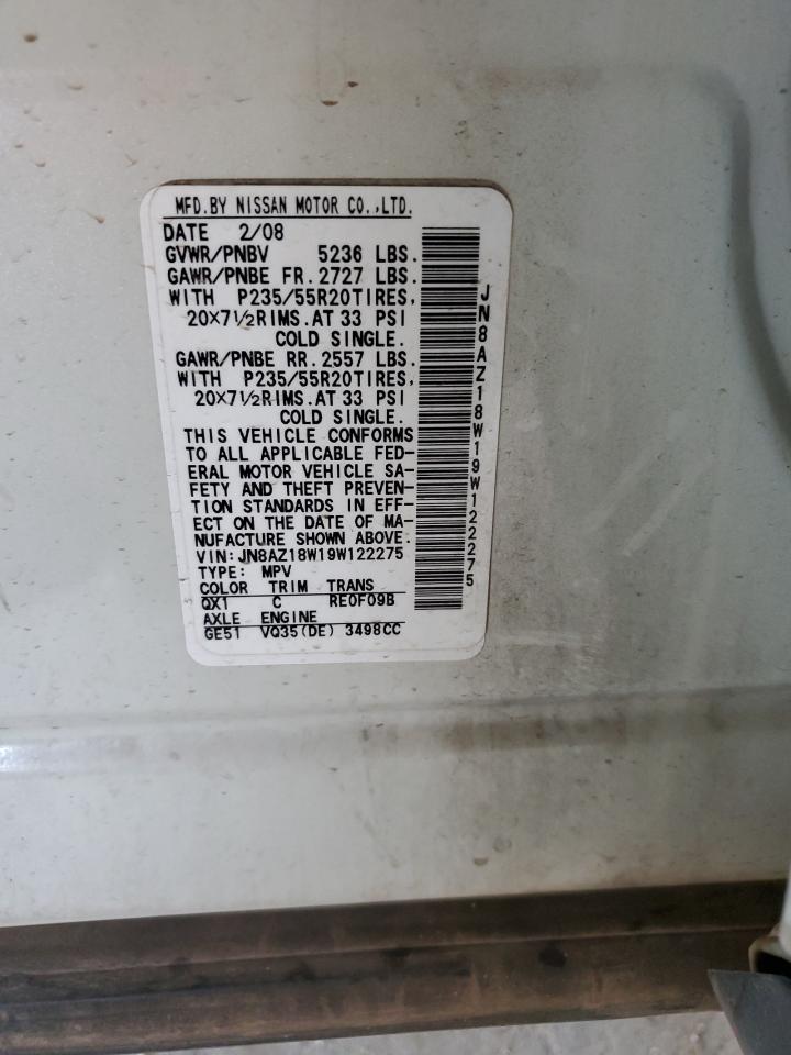 2009 Nissan Murano S VIN: JN8AZ18W19W122275 Lot: 65629885