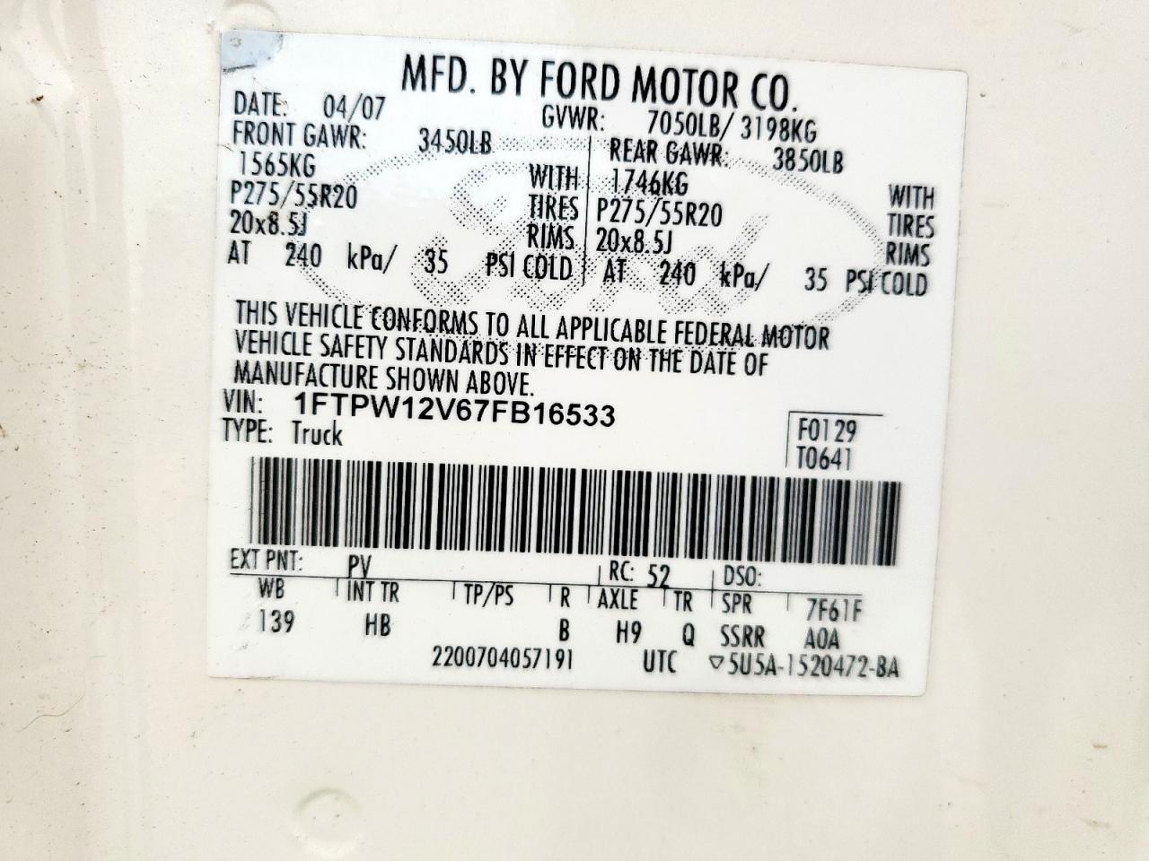 2007 Ford F150 Supercrew VIN: 1FTPW12V67FB16533 Lot: 64318985