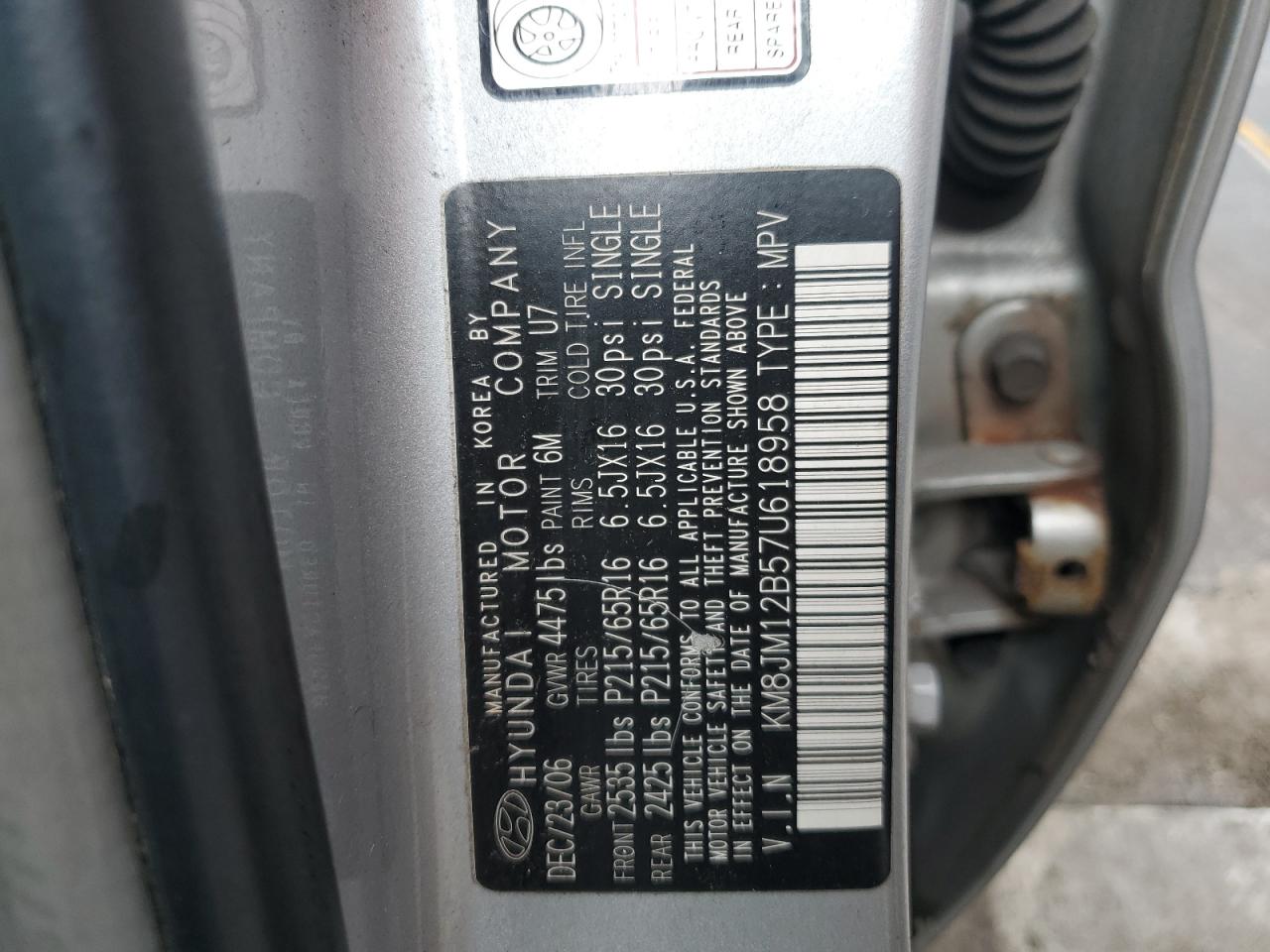 2007 Hyundai Tucson Gls VIN: KM8JM12B57U618958 Lot: 64361995