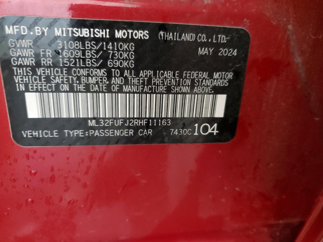 2024 Mitsubishi Mirage G4 Es VIN: ML32FUFJ2RHF11163 Lot: 64765725