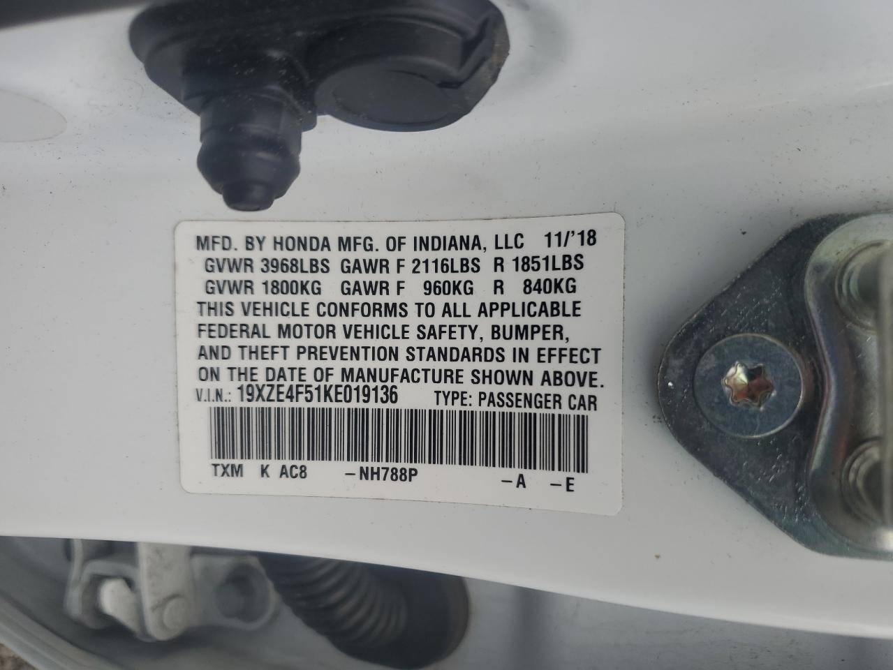 2019 Honda Insight Ex VIN: 19XZE4F51KE019136 Lot: 63498845