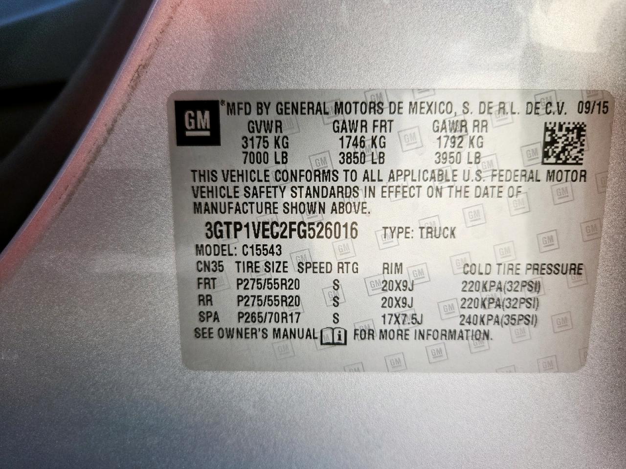 2015 GMC Sierra C1500 Slt VIN: 3GTP1VEC2FG526016 Lot: 65047655