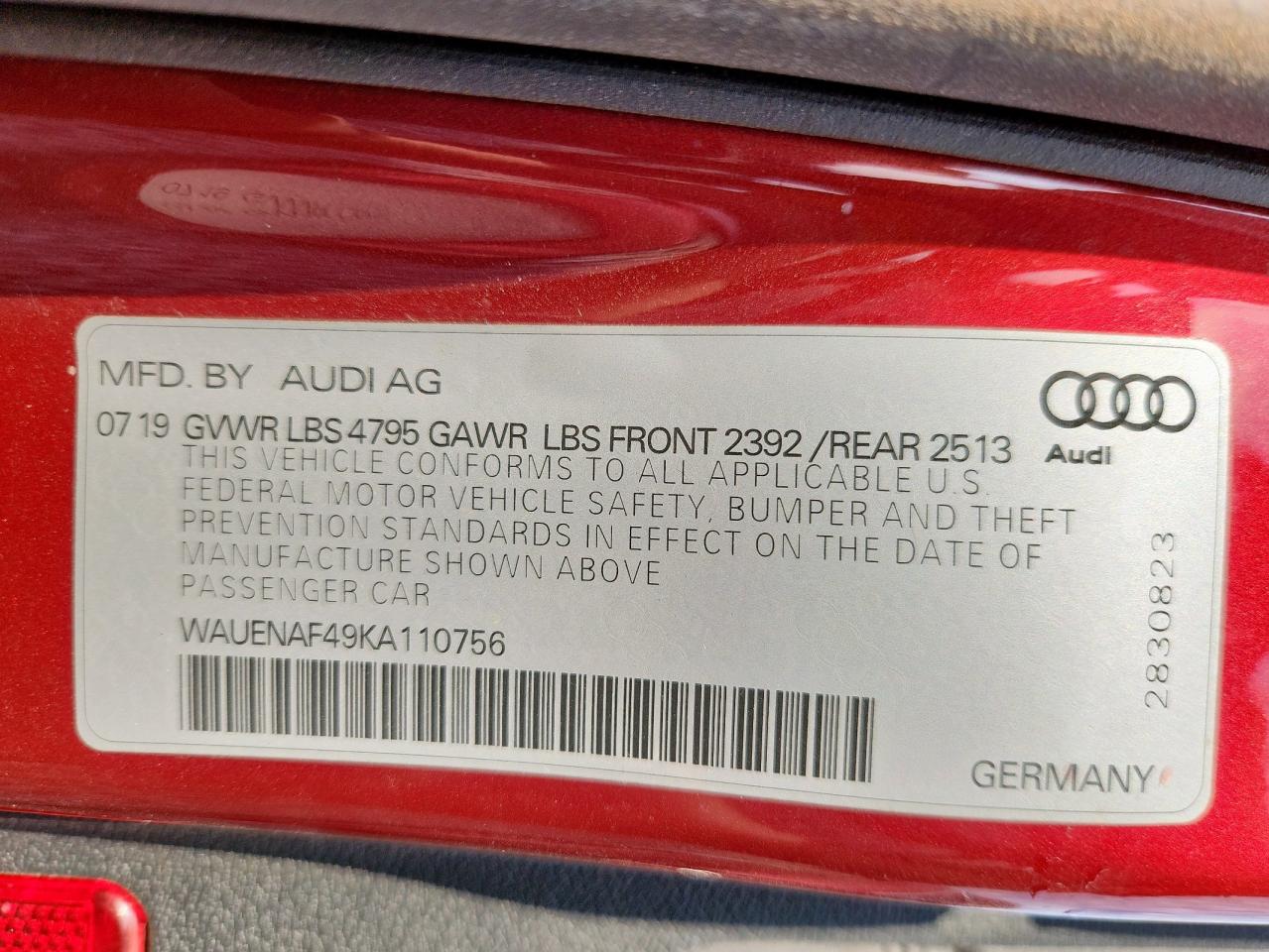 2019 Audi A4 Premium Plus VIN: WAUENAF49KA110756 Lot: 64318145