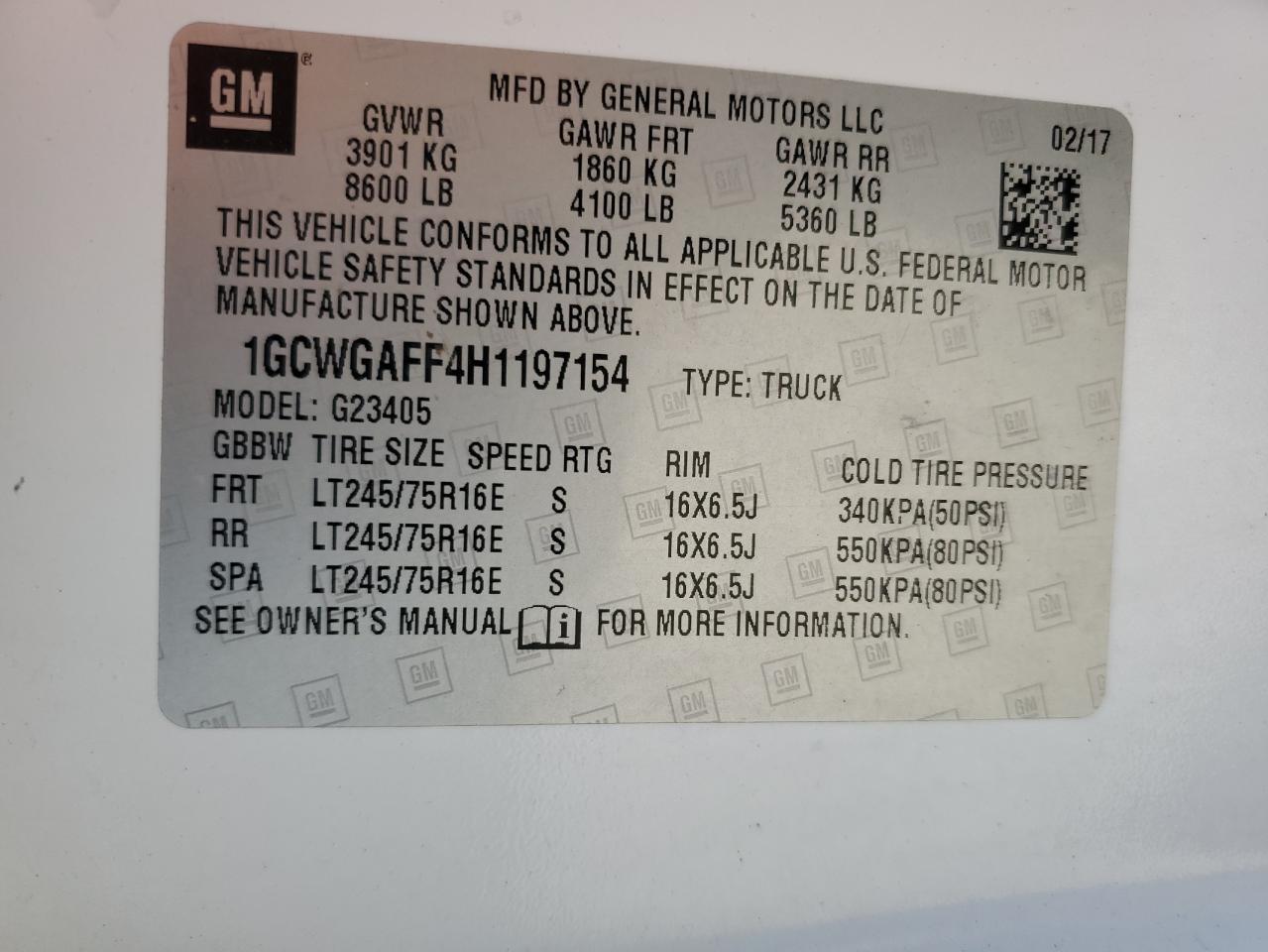 2017 Chevrolet Express G2500 VIN: 1GCWGAFF4H1197154 Lot: 87219375