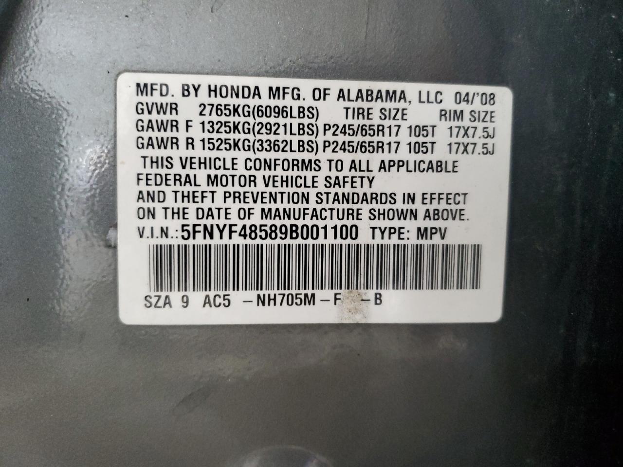 2009 Honda Pilot Exl VIN: 5FNYF48589B001100 Lot: 65394665