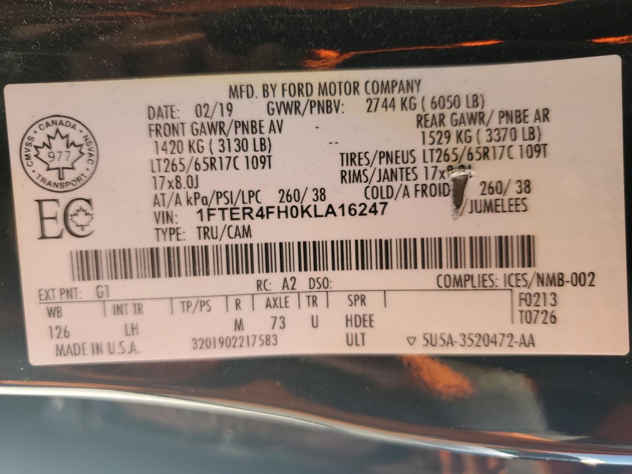 2019 Ford Ranger Xl VIN: 1FTER4FH0KLA16247 Lot: 62951875
