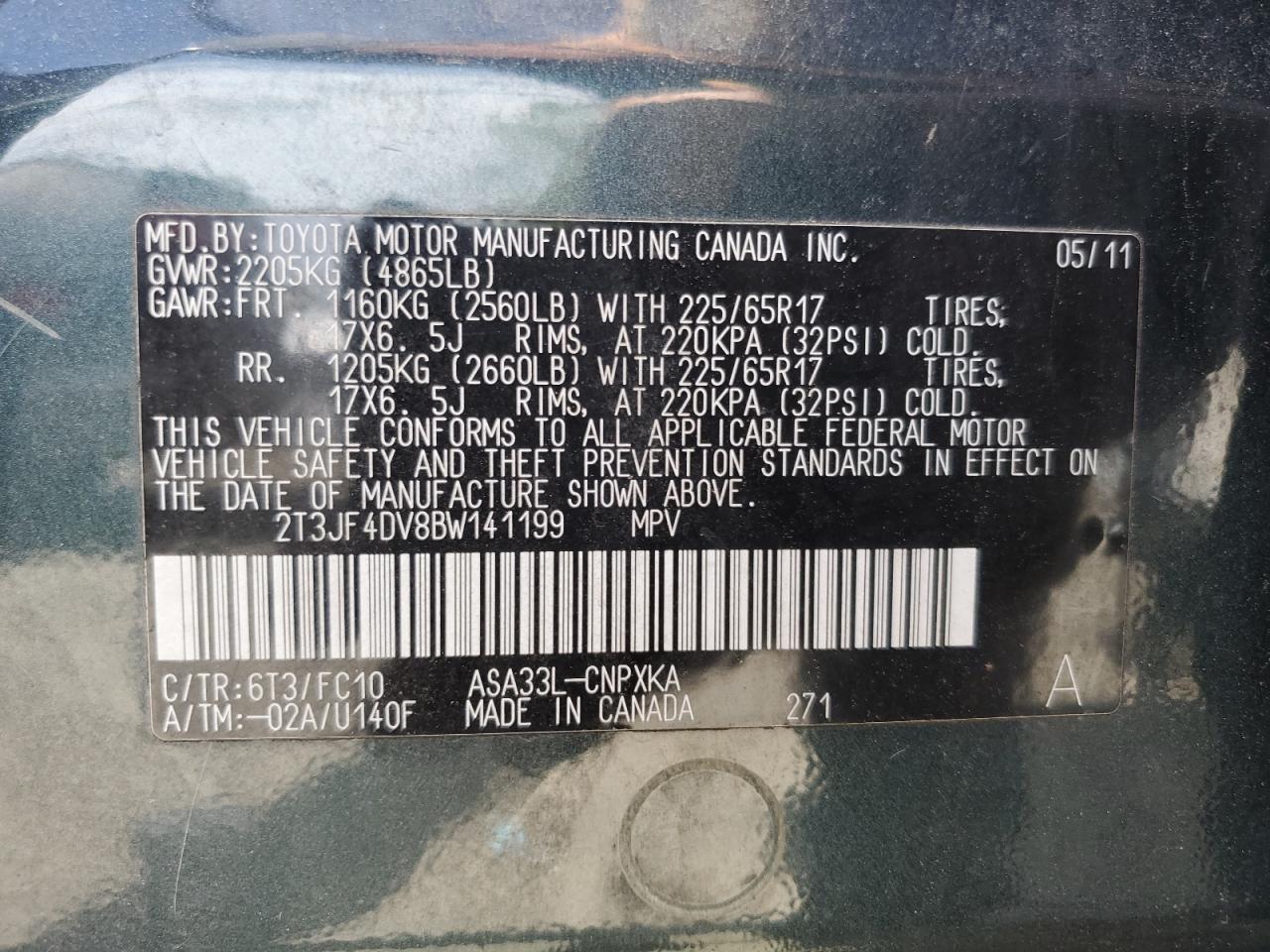 2011 Toyota Rav4 VIN: 2T3JF4DV8BW141199 Lot: 65021355