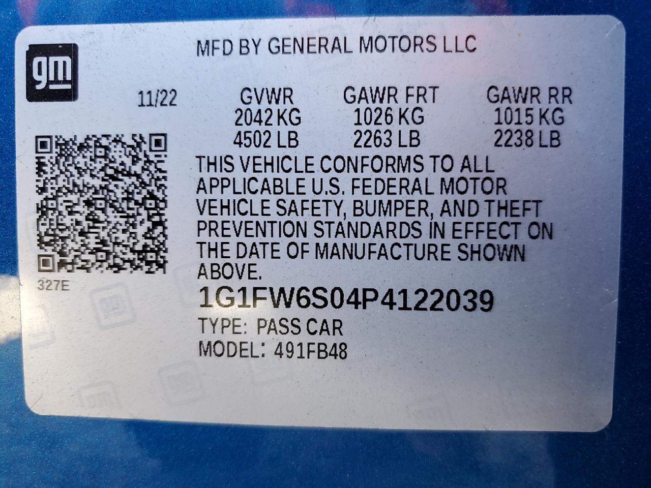 2023 Chevrolet Bolt Ev 1Lt VIN: 1G1FW6S04P4122039 Lot: 64859945