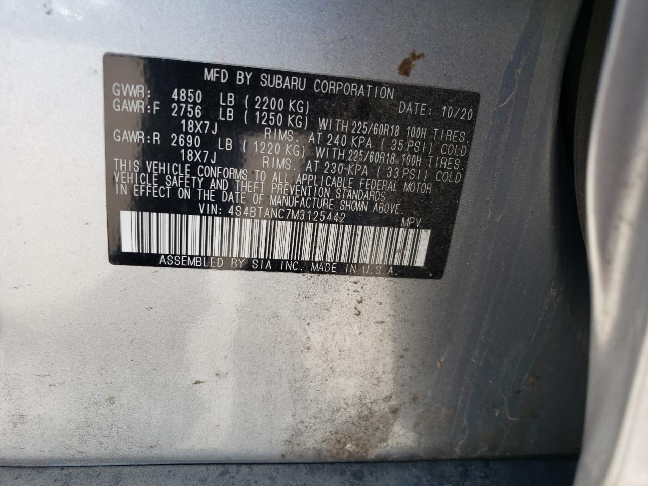 2021 Subaru Outback Limited VIN: 4S4BTANC7M3125442 Lot: 64890605
