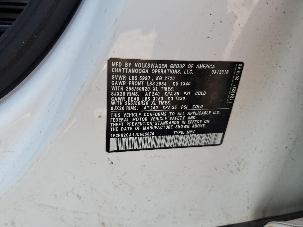 2018 Volkswagen Atlas Sel VIN: 1V2RR2CA1JC565076 Lot: 64001675