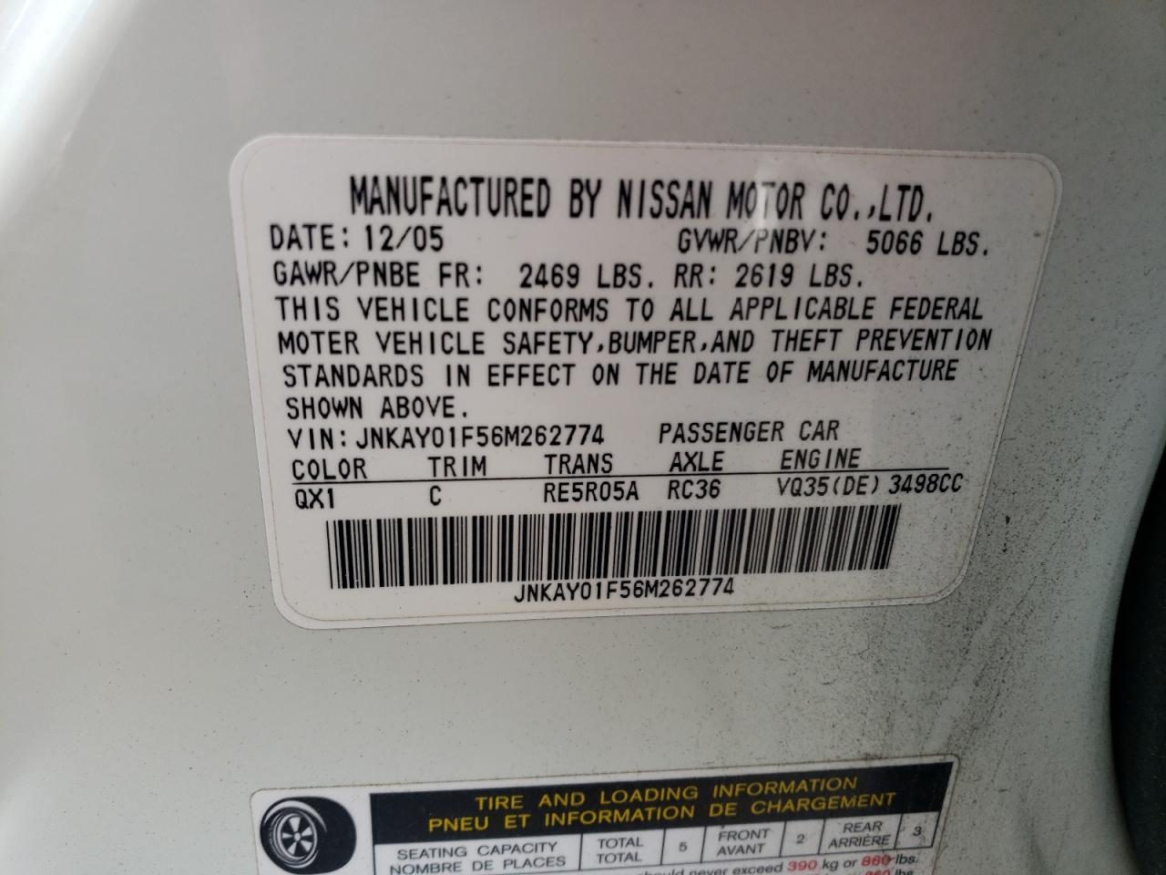 2006 Infiniti M35 Base VIN: JNKAY01F56M262774 Lot: 63213975