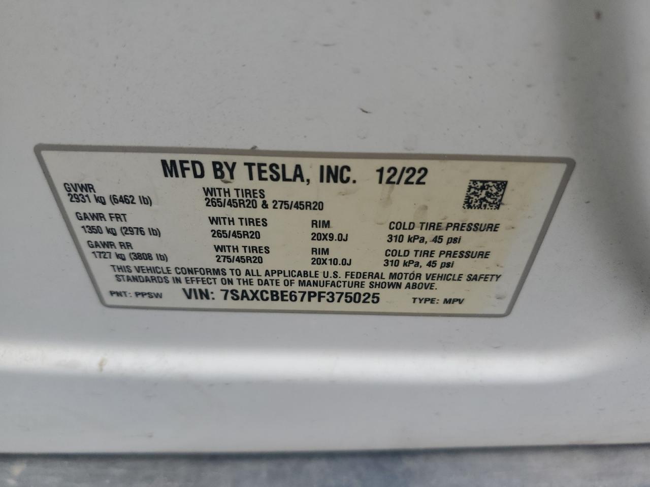 2023 Tesla Model X VIN: 7SAXCBE67PF375025 Lot: 63677895