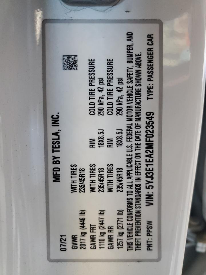 2021 Tesla Model 3 VIN: 5YJ3E1EA2MF023549 Lot: 65375335