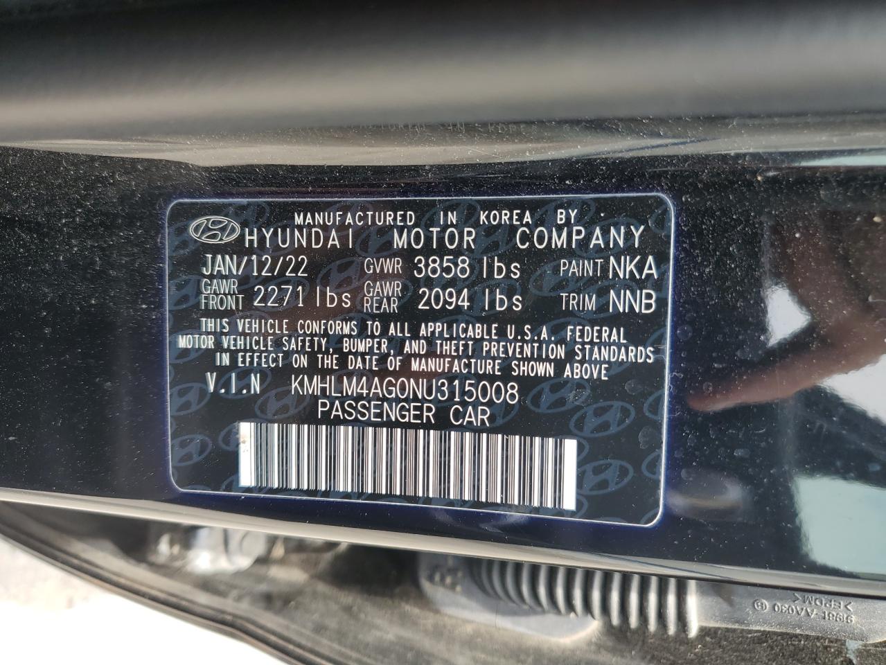 2022 Hyundai Elantra Sel VIN: KMHLM4AG0NU315008 Lot: 63926355
