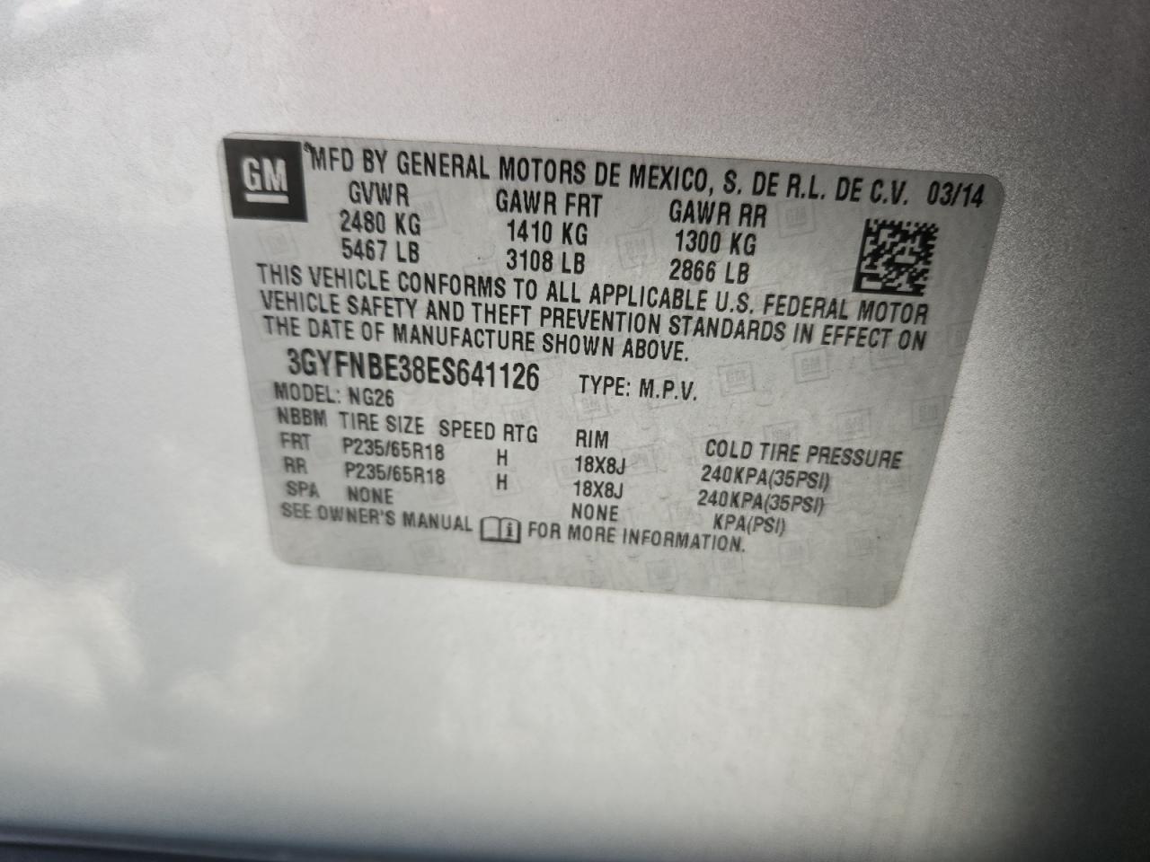 2014 Cadillac Srx Luxury Collection VIN: 3GYFNBE38ES641126 Lot: 64571125