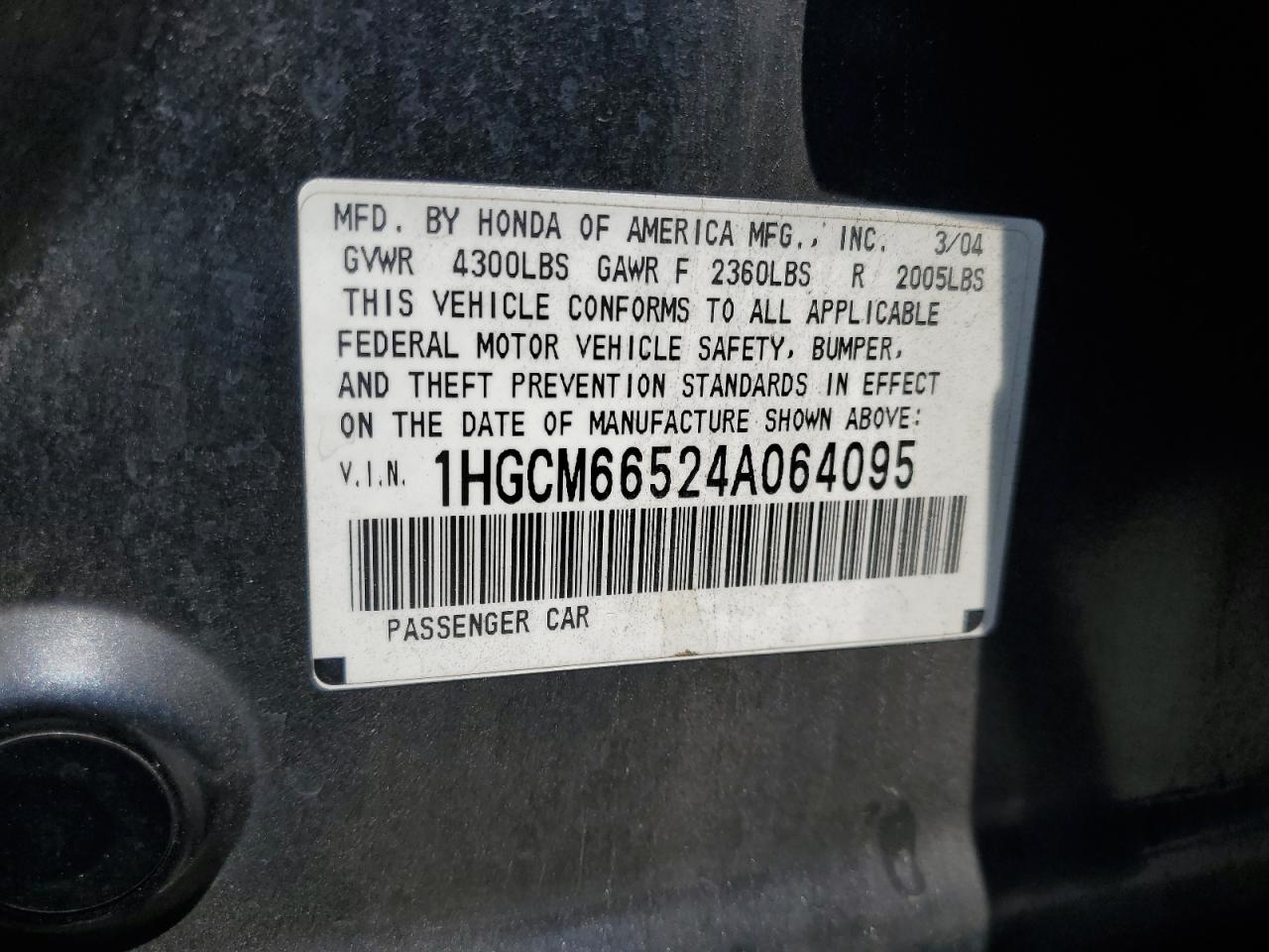 2004 Honda Accord Ex VIN: 1HGCM66524A064095 Lot: 65383755