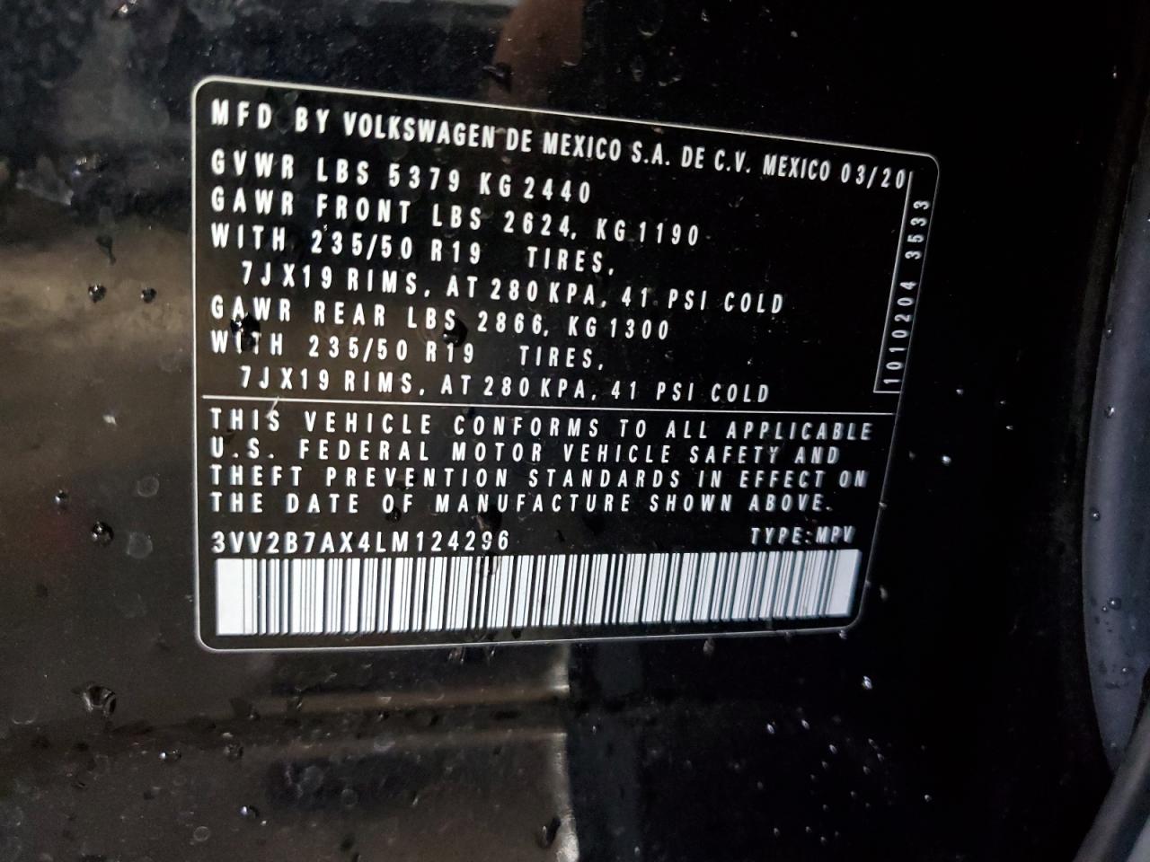 2020 Volkswagen Tiguan Se VIN: 3VV2B7AX4LM124296 Lot: 63202545