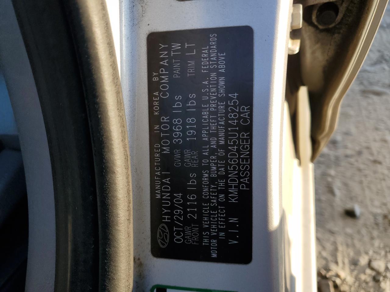2005 Hyundai Elantra Gls VIN: KMHDN56D45U148254 Lot: 63801485