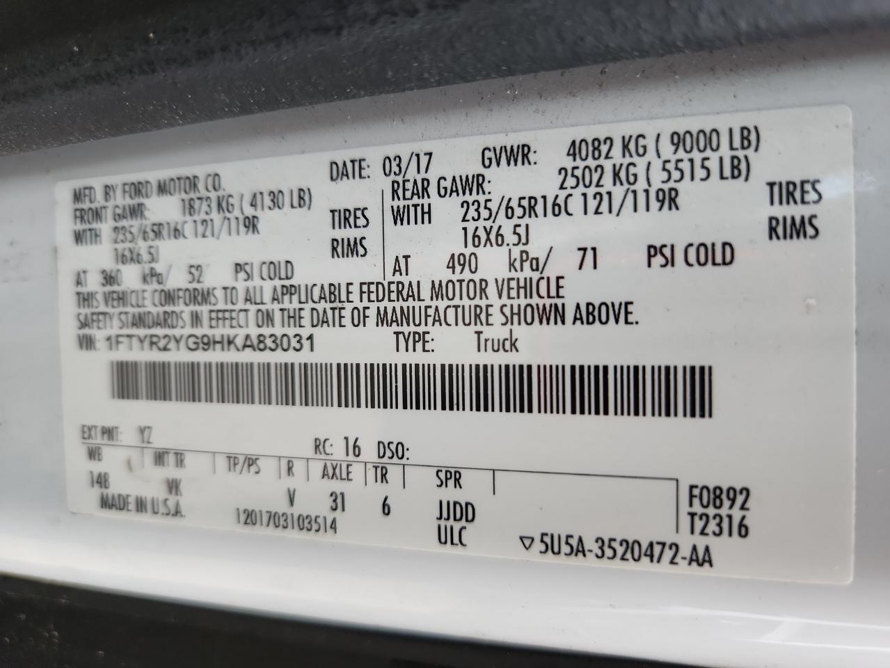 2017 Ford Transit T-250 VIN: 1FTYR2YG9HKA83031 Lot: 62476165