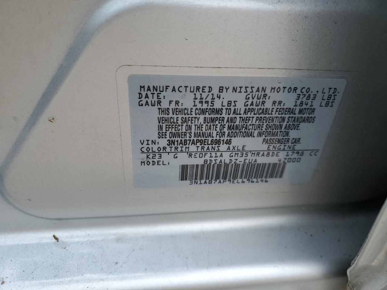 2014 Nissan Sentra S VIN: 3N1AB7AP9EL696146 Lot: 67017595