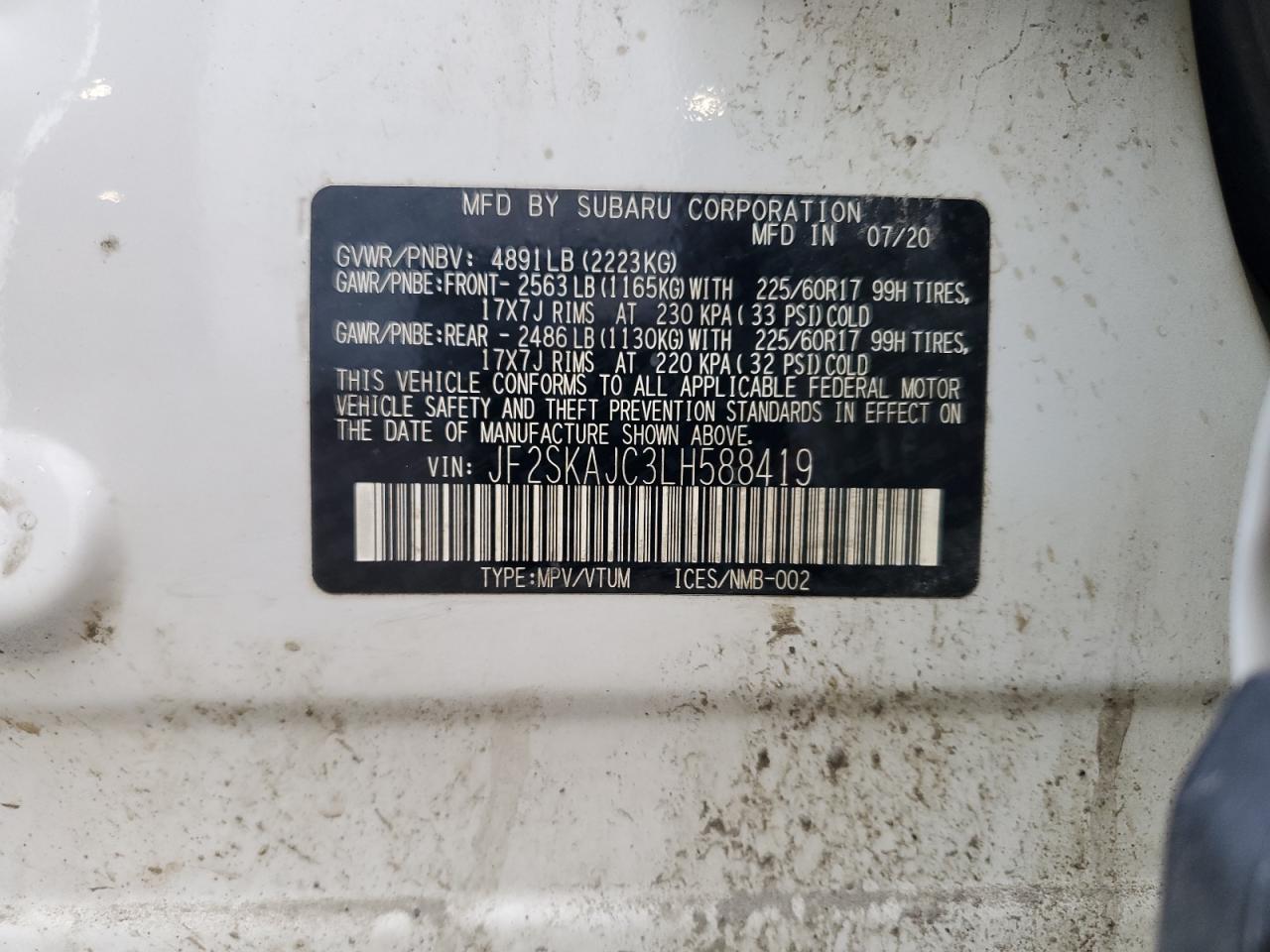 2020 Subaru Forester Premium VIN: JF2SKAJC3LH588419 Lot: 60020485