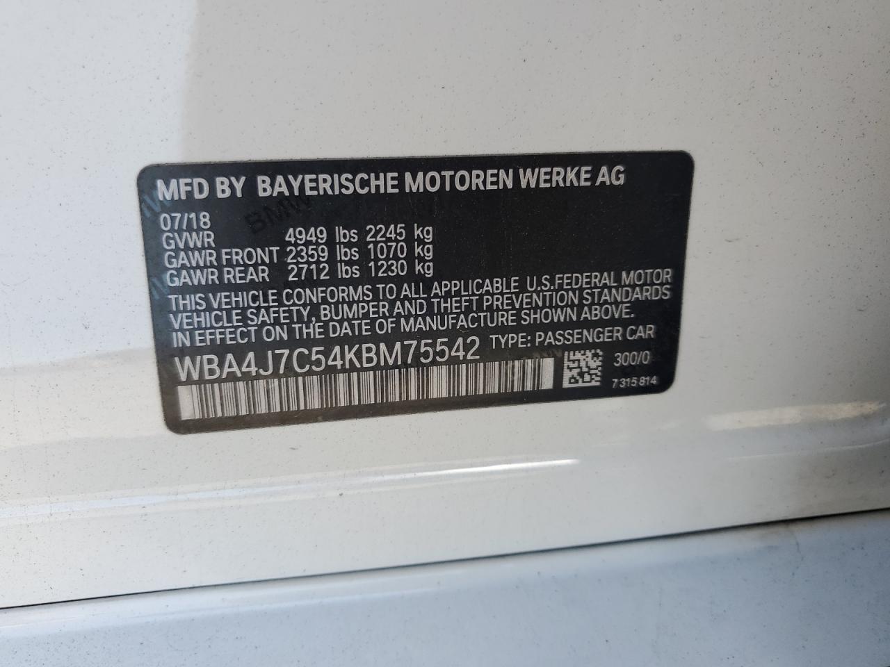 2019 BMW 440Xi Gran Coupe VIN: WBA4J7C54KBM75542 Lot: 64233895