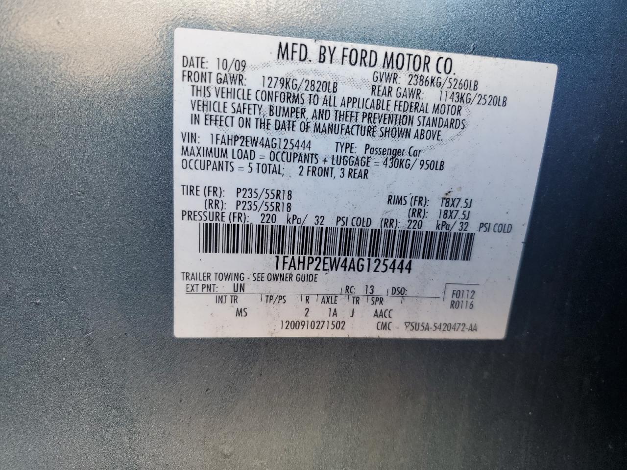 2010 Ford Taurus Sel VIN: 1FAHP2EW4AG125444 Lot: 64998325