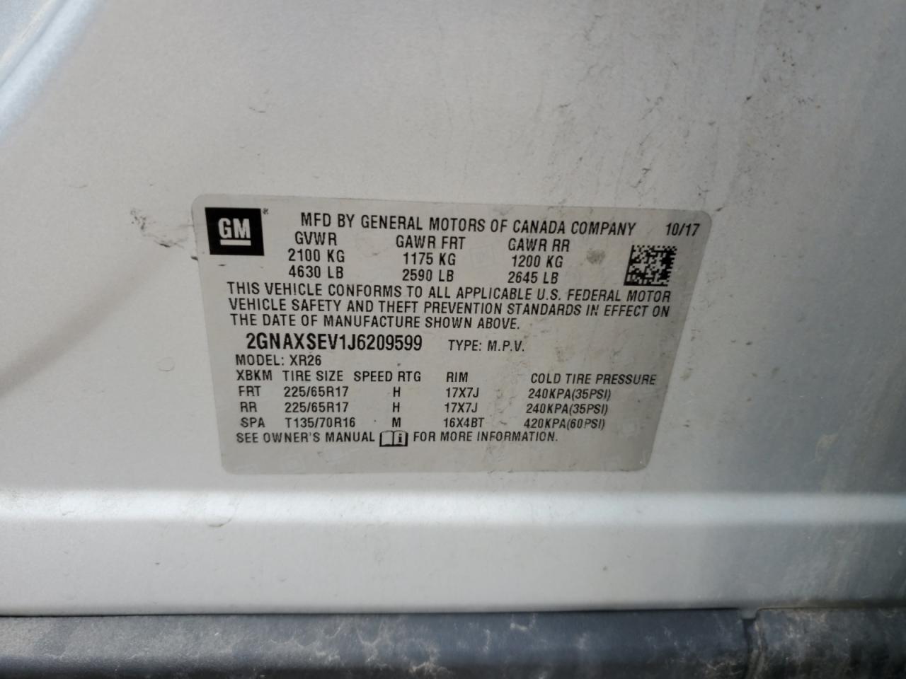 2018 Chevrolet Equinox Lt VIN: 2GNAXSEV1J6209599 Lot: 64852375