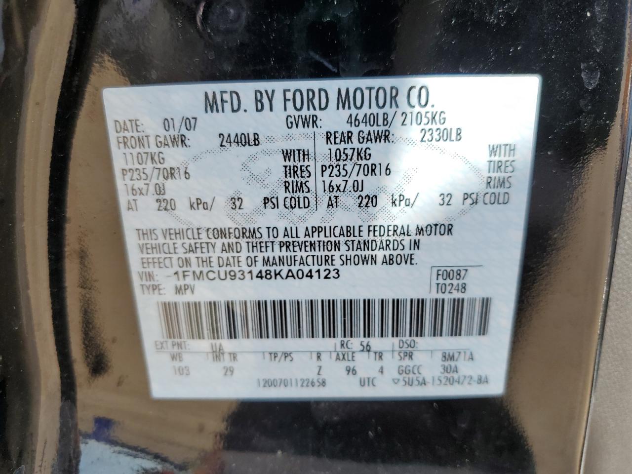 2008 Ford Escape Xlt VIN: 1FMCU93148KA04123 Lot: 65642615