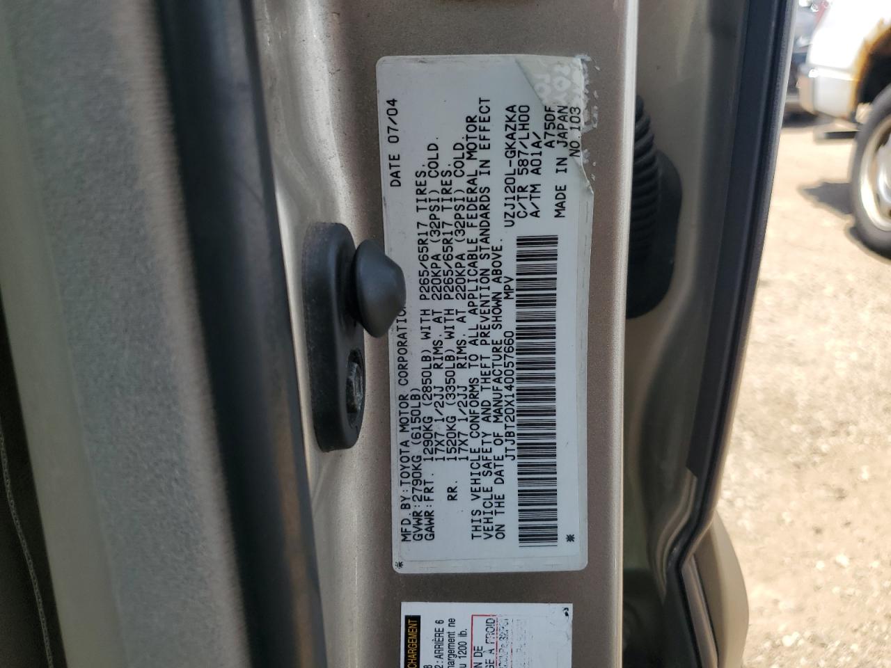 2004 Lexus Gx 470 VIN: JTJBT20X140057660 Lot: 60561875
