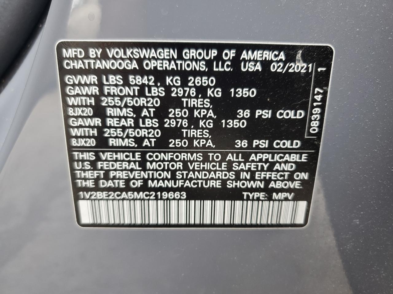 2021 Volkswagen Atlas Cross Sport Sel VIN: 1V2BE2CA5MC219663 Lot: 64943625
