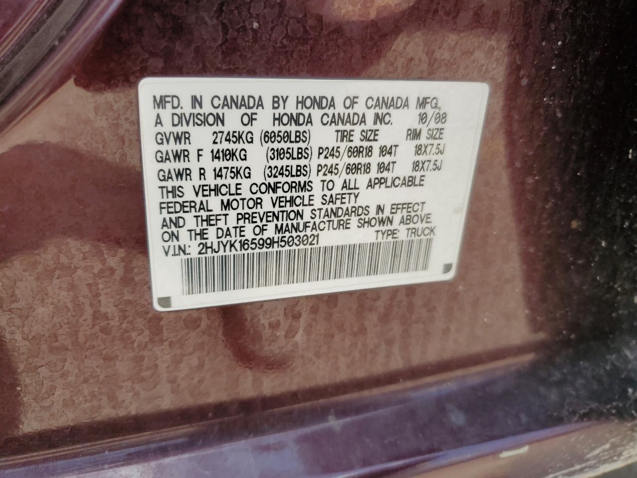 2009 Honda Ridgeline Rtl VIN: 2HJYK16599H503021 Lot: 65272365