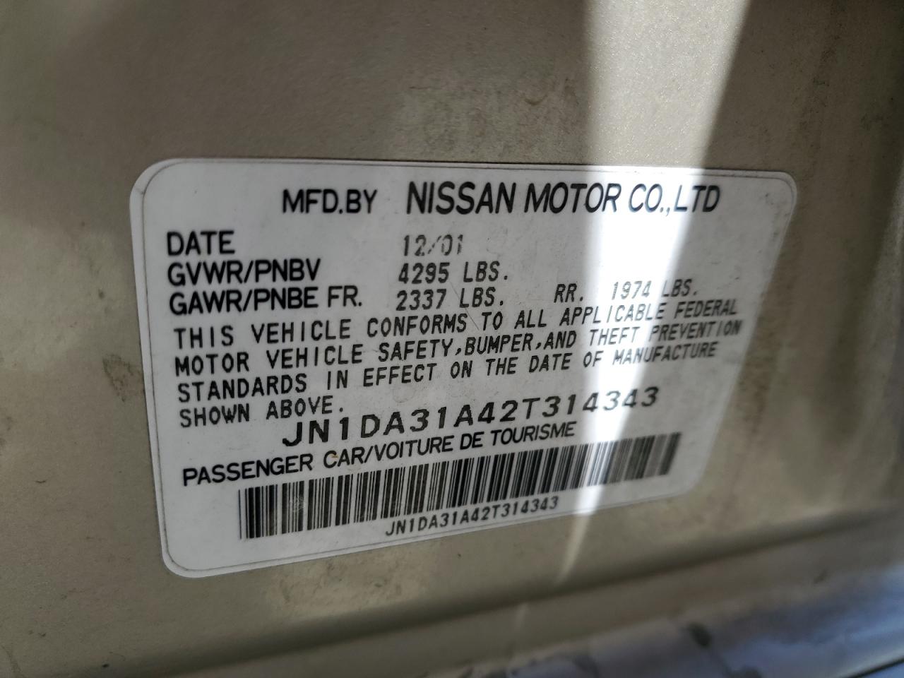 2002 Nissan Maxima Gle VIN: JN1DA31A42T314343 Lot: 65458415