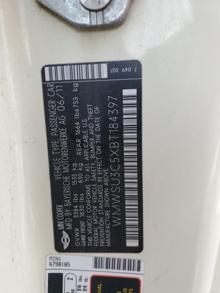 2011 Mini Cooper VIN: WMWSU3C5XBT184397 Lot: 66121975