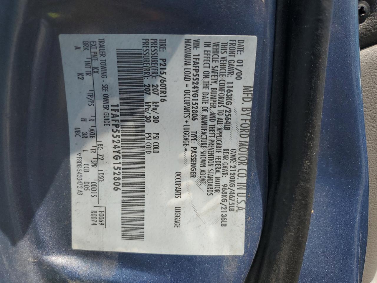 2000 Ford Taurus Ses VIN: 1FAFP5524YG152806 Lot: 67071255