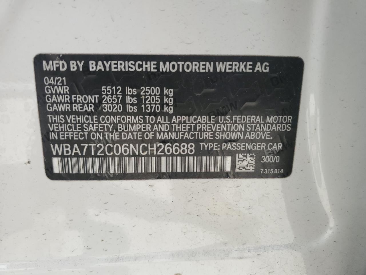 2022 BMW 740 I VIN: WBA7T2C06NCH26688 Lot: 65453575