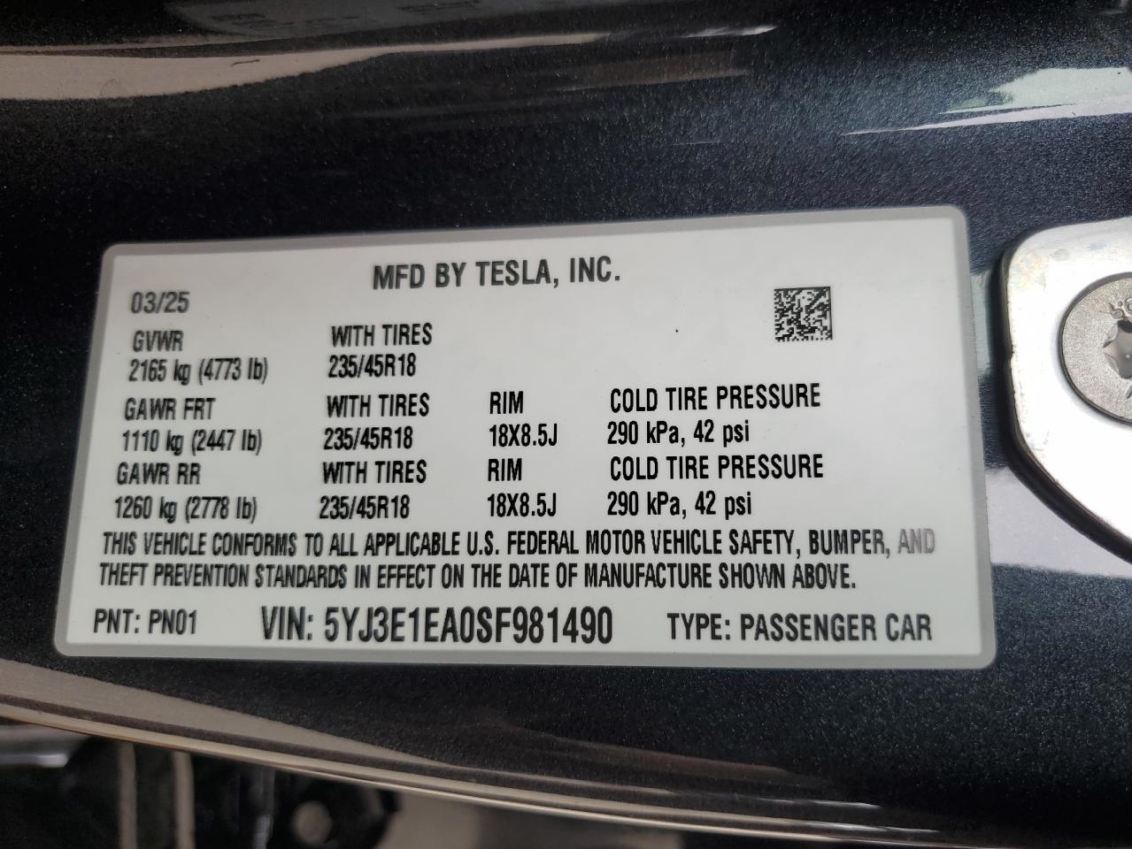 2025 Tesla Model 3 VIN: 5YJ3E1EA0SF981490 Lot: 64270085