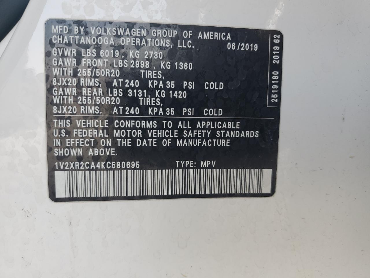 2019 Volkswagen Atlas Se VIN: 1V2XR2CA4KC580695 Lot: 62994455