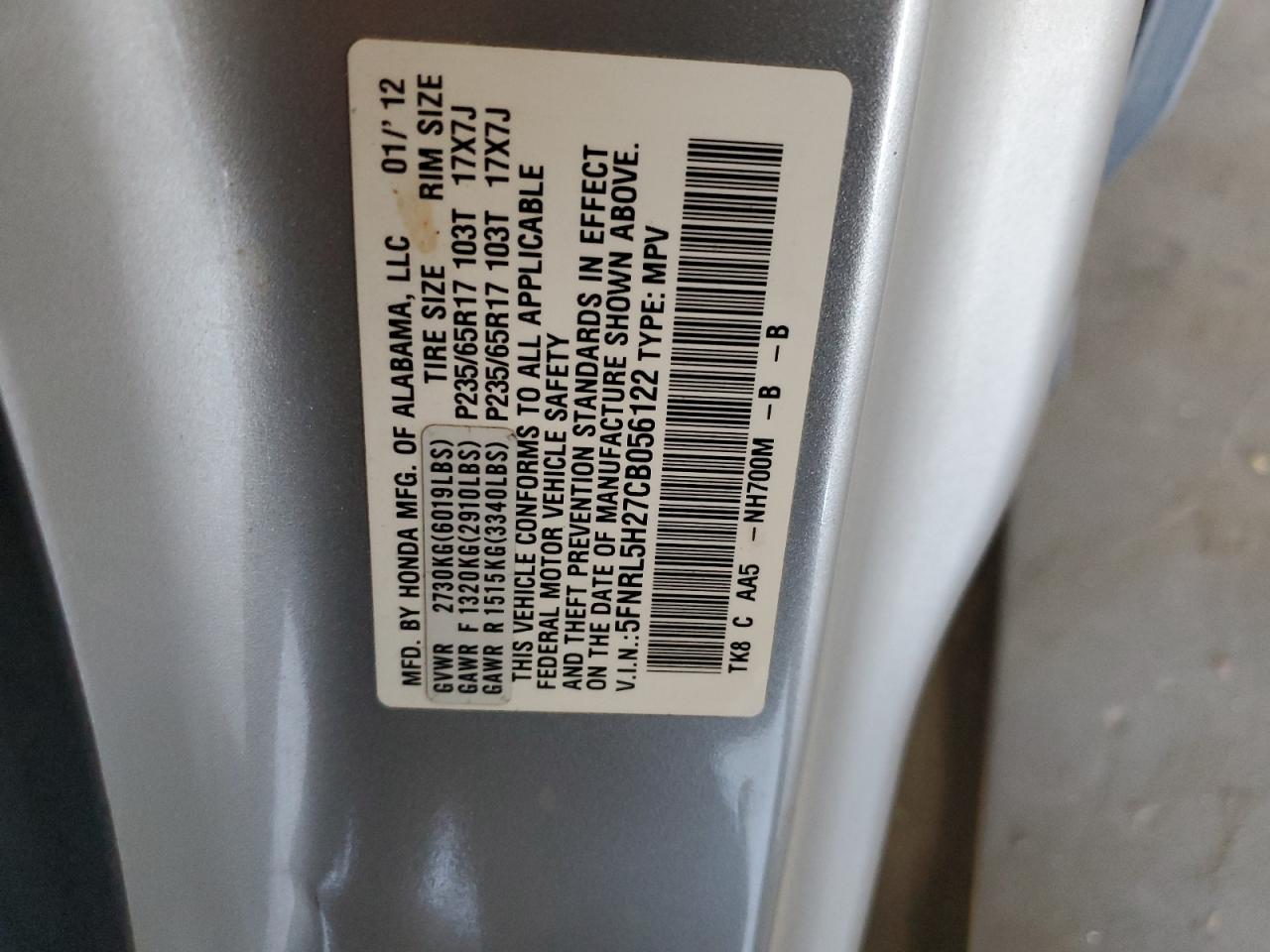 2012 Honda Odyssey Lx VIN: 5FNRL5H27CB056122 Lot: 64291145