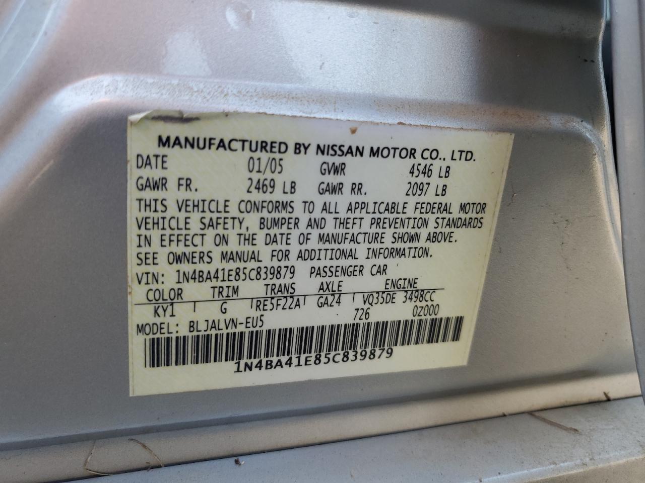 2005 Nissan Maxima Se VIN: 1N4BA41E85C839879 Lot: 65825875