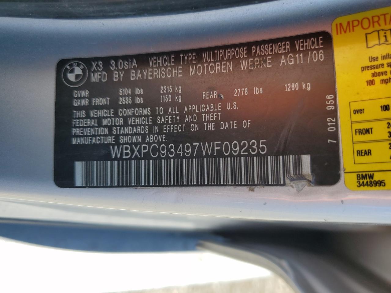 2007 BMW X3 3.0Si VIN: WBXPC93497WF09235 Lot: 63288865