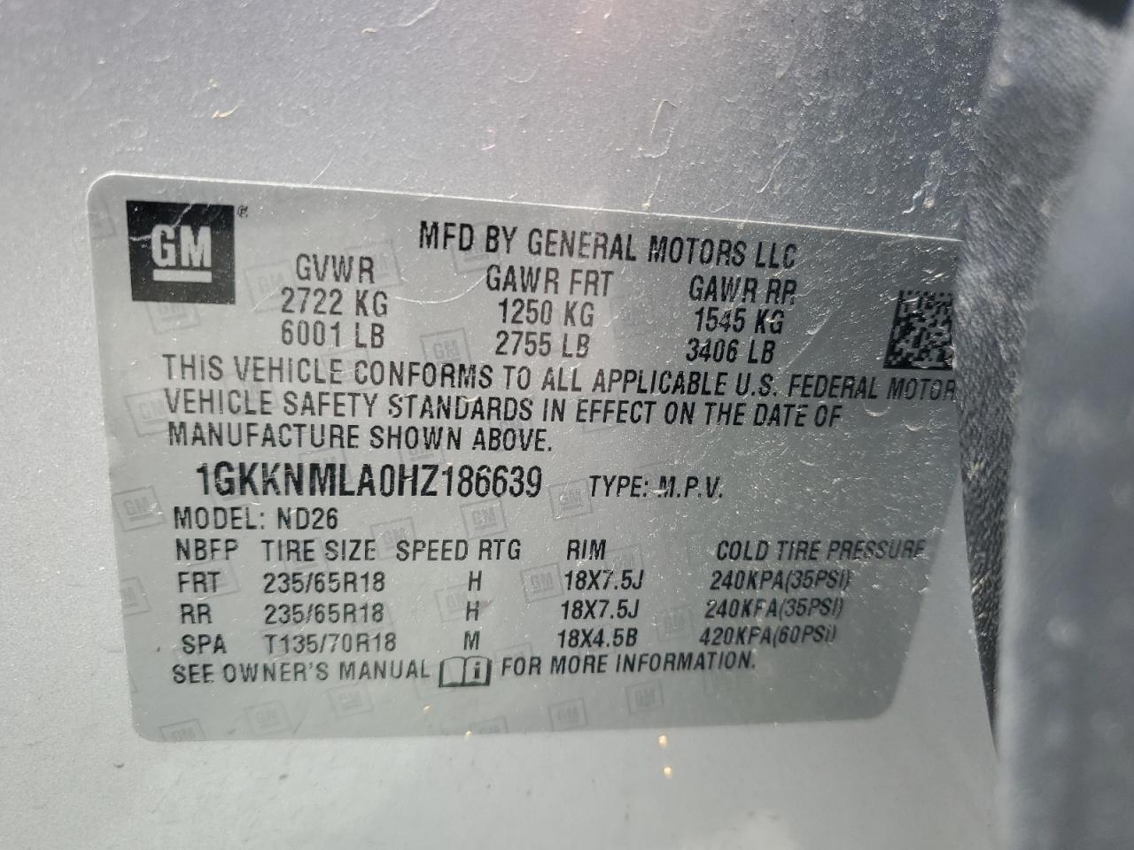 2017 GMC Acadia Slt-1 VIN: 1GKKNMLA0HZ186639 Lot: 64664995