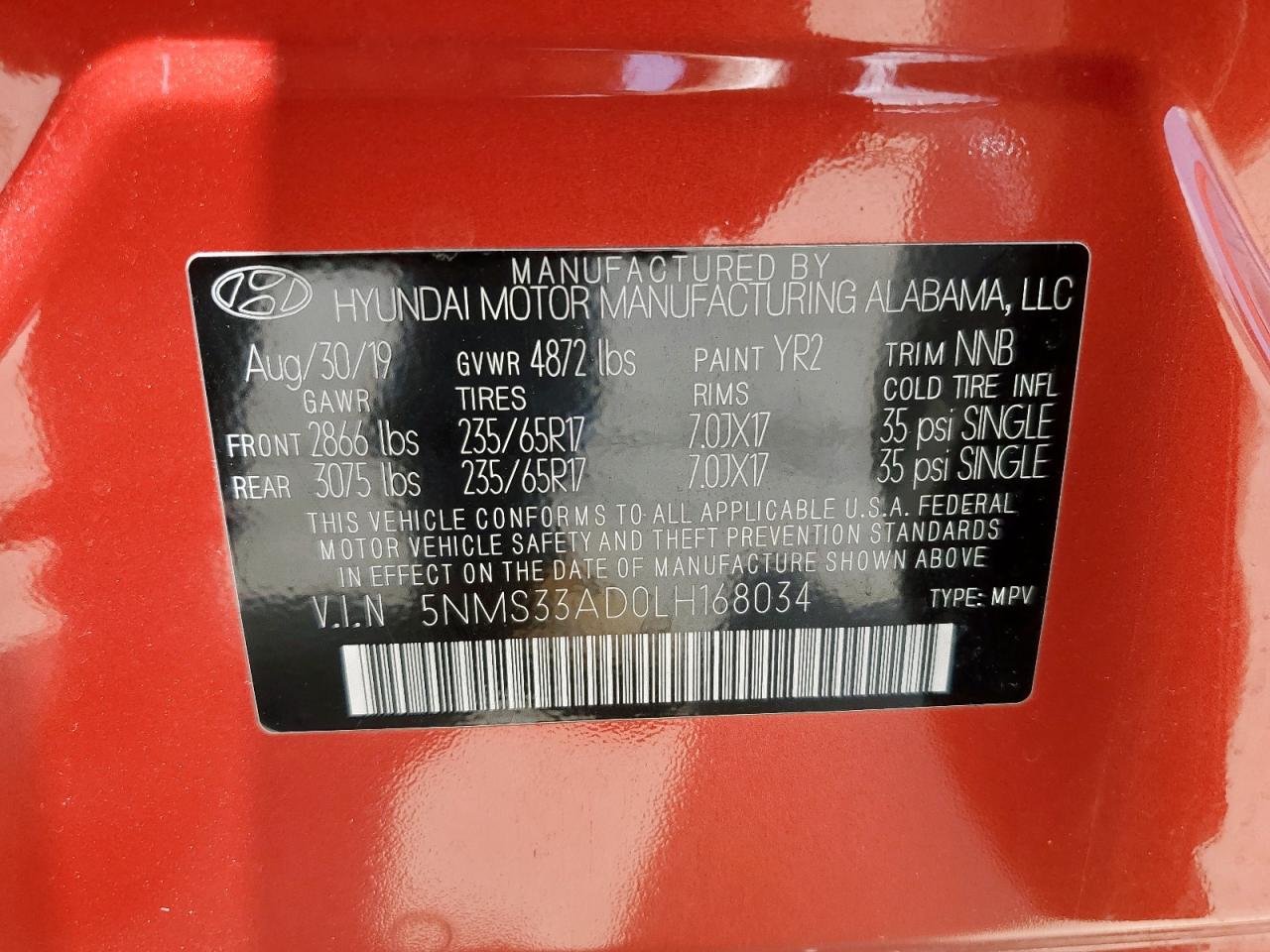 2020 Hyundai Santa Fe Sel VIN: 5NMS33AD0LH168034 Lot: 63349535
