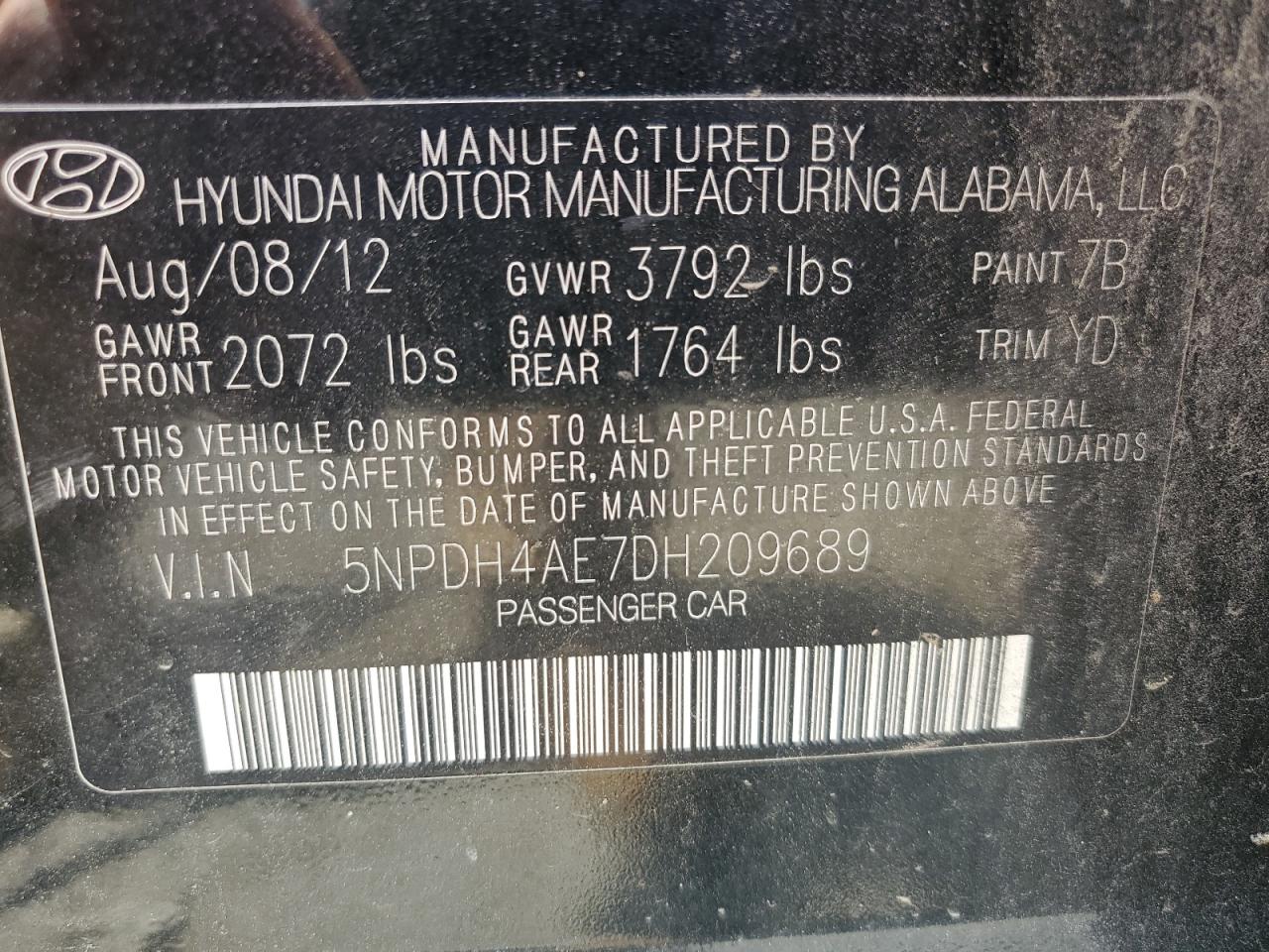 2013 Hyundai Elantra Gls VIN: 5NPDH4AE7DH209689 Lot: 59848385