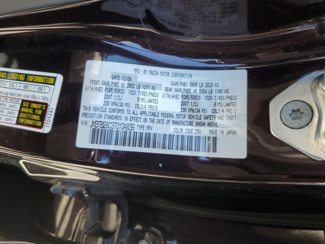 2007 Mazda Cx-9 VIN: JM3TB28C370104839 Lot: 63878475