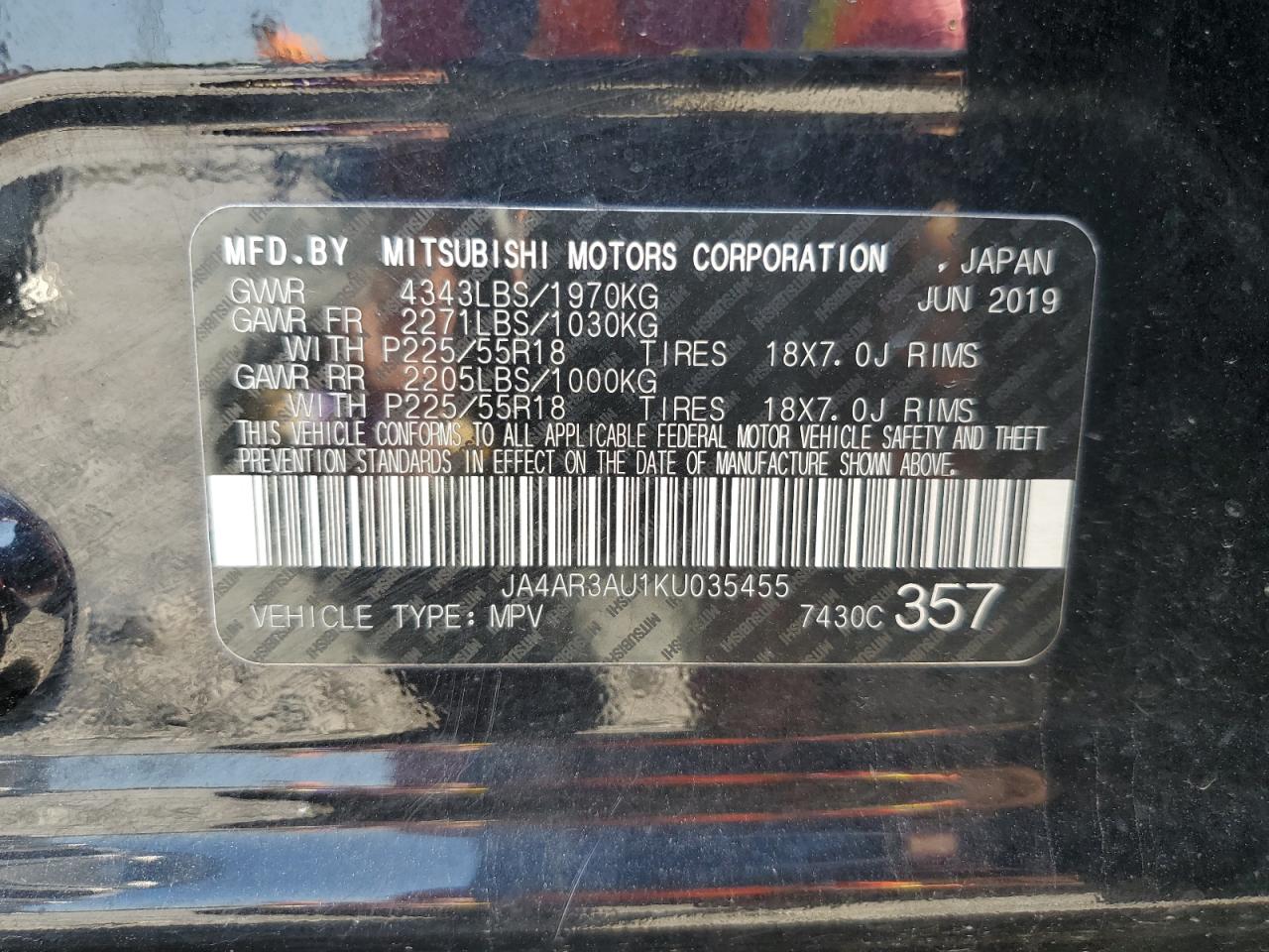 2019 Mitsubishi Outlander Sport Es VIN: JA4AR3AU1KU035455 Lot: 63390395