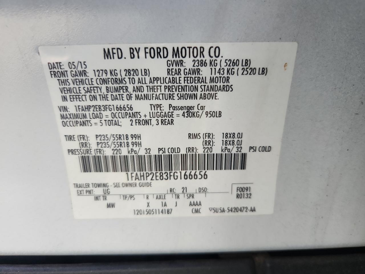 2015 Ford Taurus Sel VIN: 1FAHP2E83FG166656 Lot: 63603095