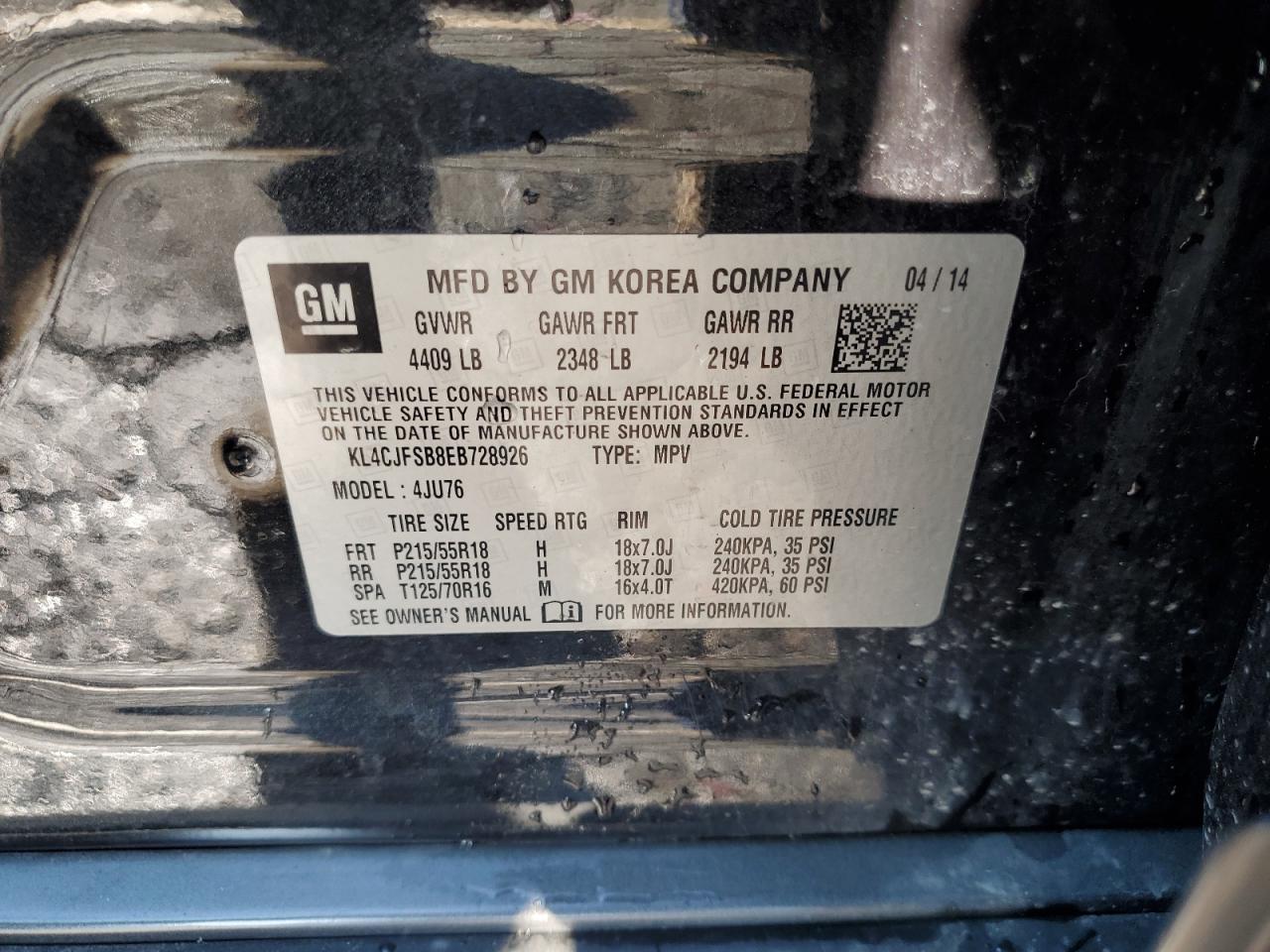 2014 Buick Encore Convenience VIN: KL4CJFSB8EB728926 Lot: 64030305